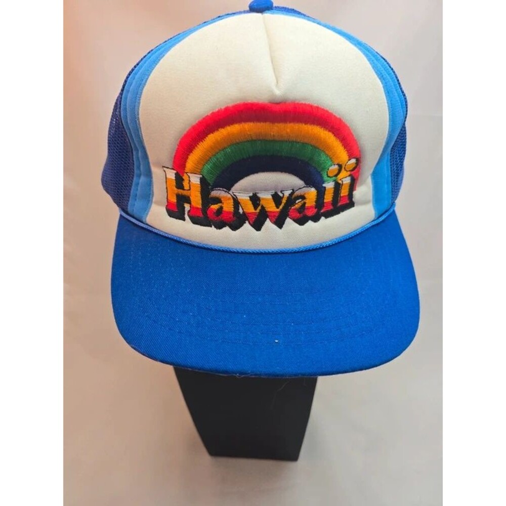 Vintage 80s Hawaii Rainbow Trucker Hat Blue Mesh Snapback Hawaiian Headwear
